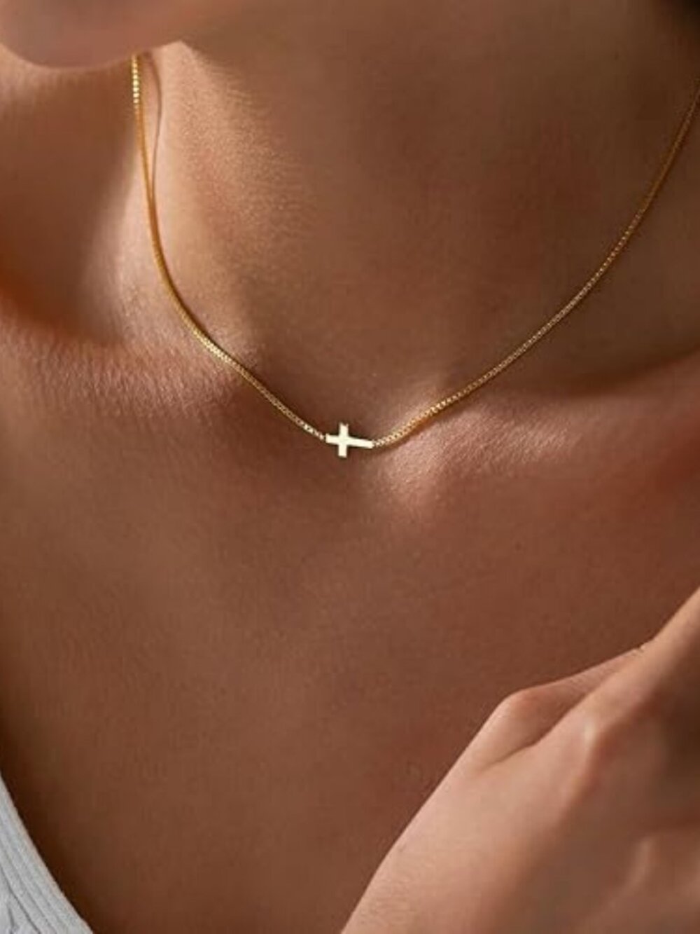 Dainty Cross Necklace 14K Gold Silver Plated Small Choker Pendant - Picture 2 of 7